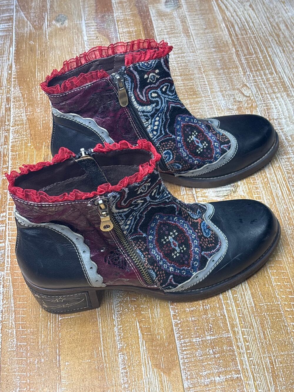 SOCOFY Bohemian Splicing Lace Pattern Zipper Ankle Leather Boots Size 41 US 10